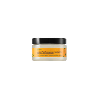 Organic edge control with no white or any residue. perfect for kids w allergies and sensitive scalps.  Provides a long-lasting med-maximum hold. Smoothing the hair line and delivering a polished look while adding moisture and shine
